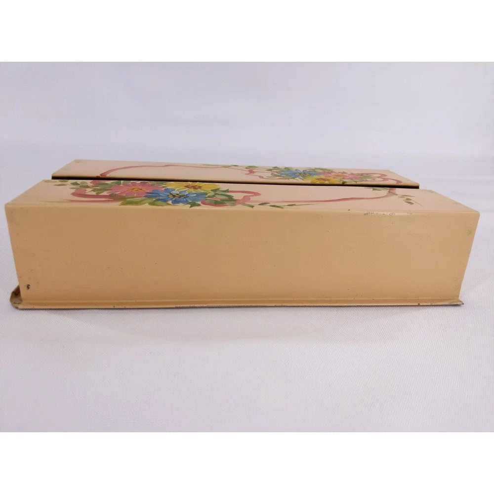 Vintage Metal Tissue Box Cover Beige Hand Painted Floral Ribbon Toleware‎ Style